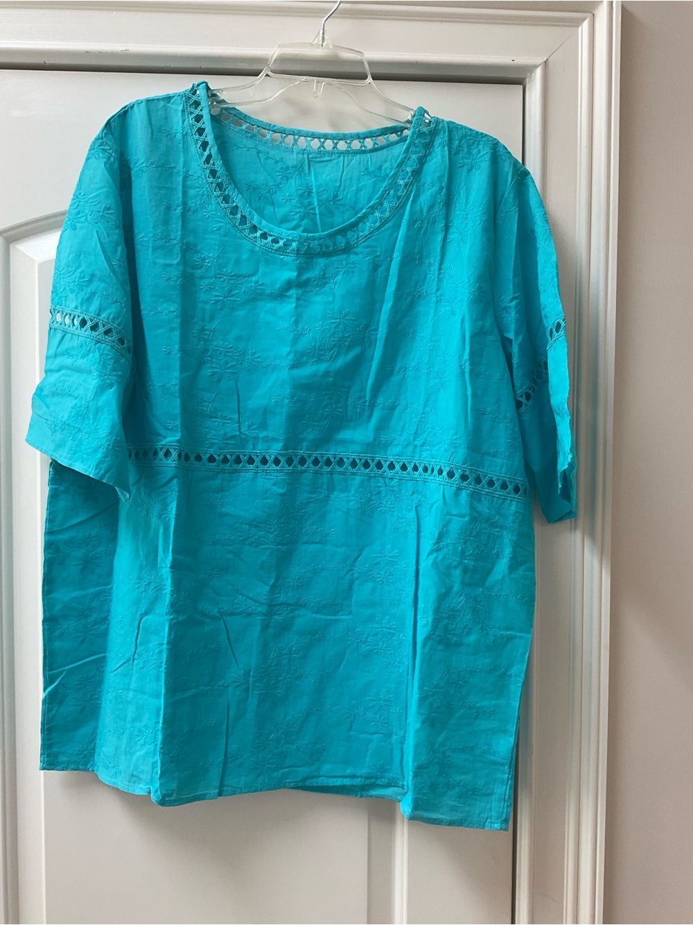 Relaxed Turquoise Eyelet Cotton Blouse - Women